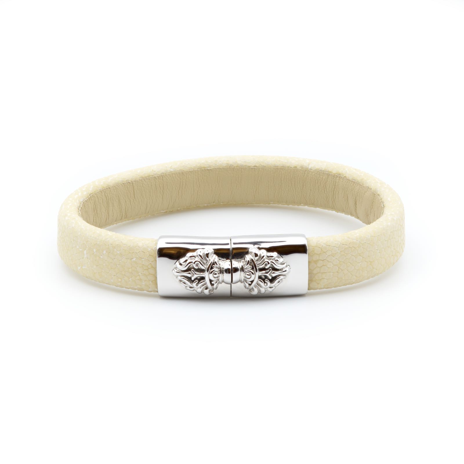 Silver Polished Vajra Clasp Bracelet, sting-ray leather, Noir color