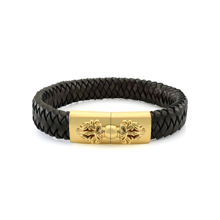 14k Yellow Gold Black Leather Vajra Clasp Bracelet 14k 31.6g