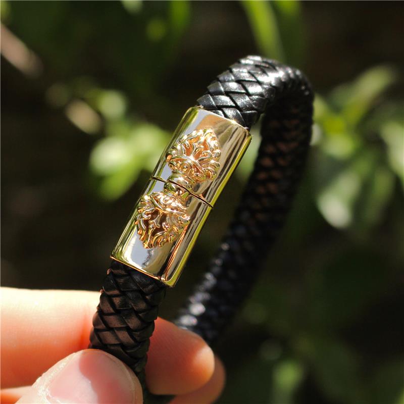 14k Yellow Gold Black Leather Vajra Clasp Bracelet 14k 31.6g