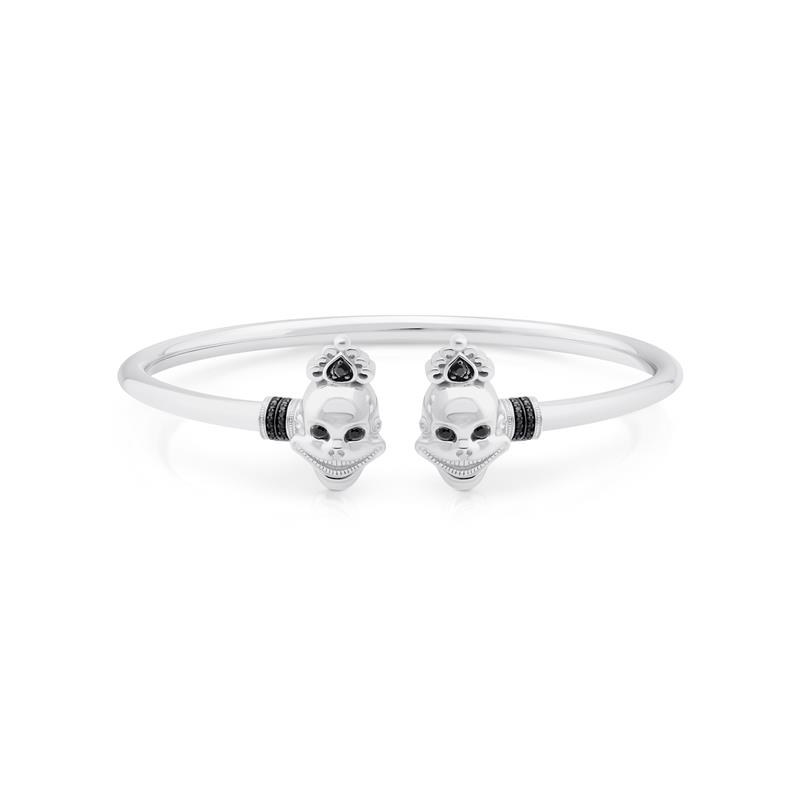 Flexible Double skull bangle black diamonds, Sterling Silver