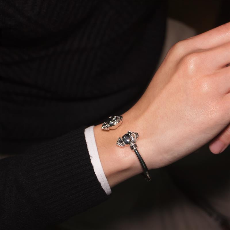Flexible Double skull bangle black diamonds, Sterling Silver