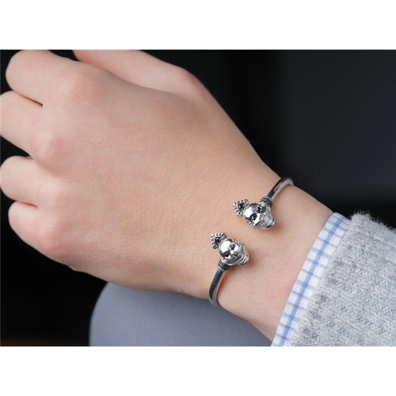 Flexible Double skull bangle black diamonds, Sterling Silver — view 3
