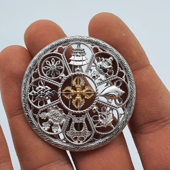 Eight Auspicious Symbols Brooch, Round, Silver