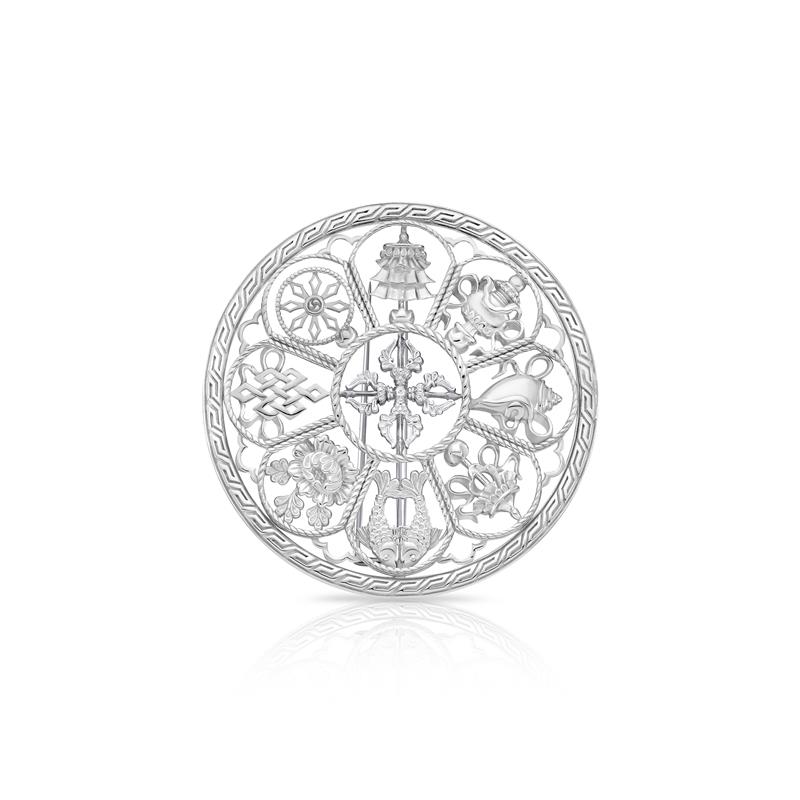 Eight Auspicious Symbols Brooch, Round, Silver