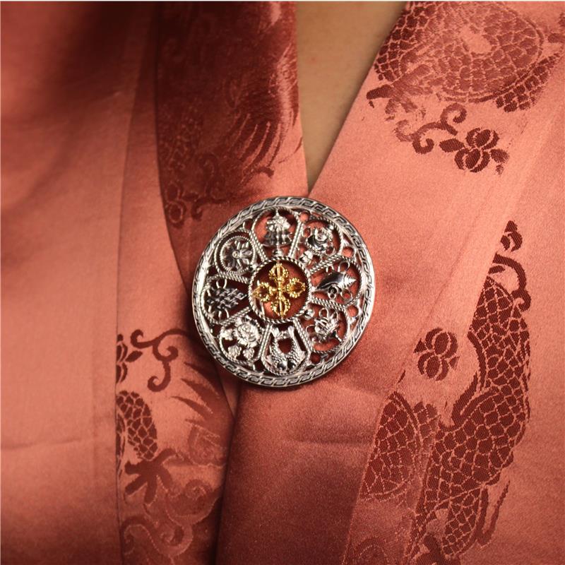 Eight Auspicious Symbols Brooch, Round, Silver Half Gold Plated