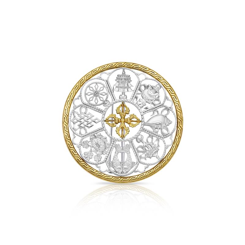 Eight Auspicious Symbols Brooch, Round, Silver Half Gold Plated