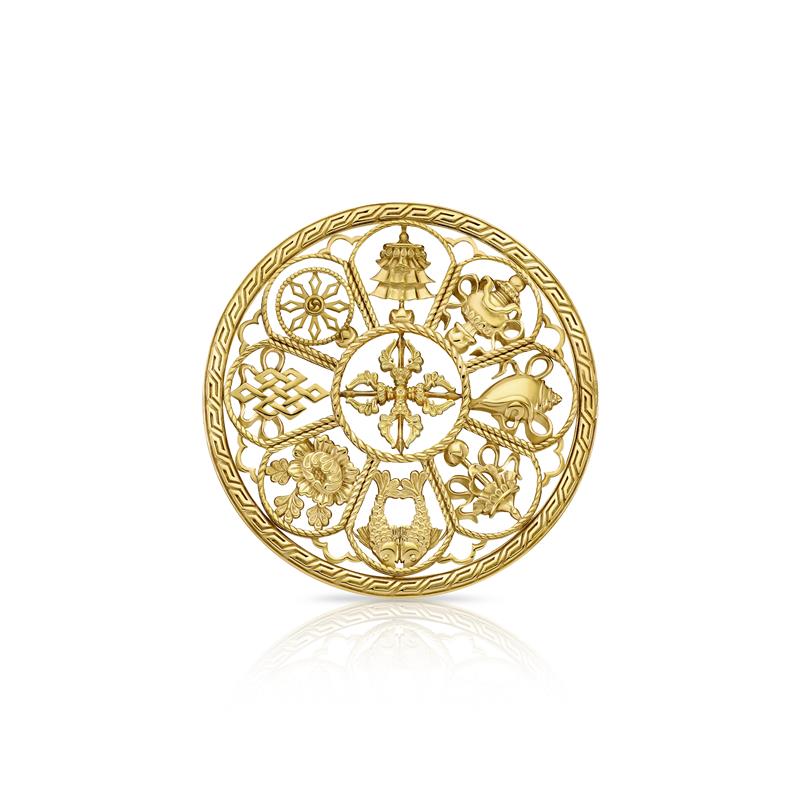 Eight Auspicious Symbols Brooch, Round, Silver Gold Plated 21.3g
