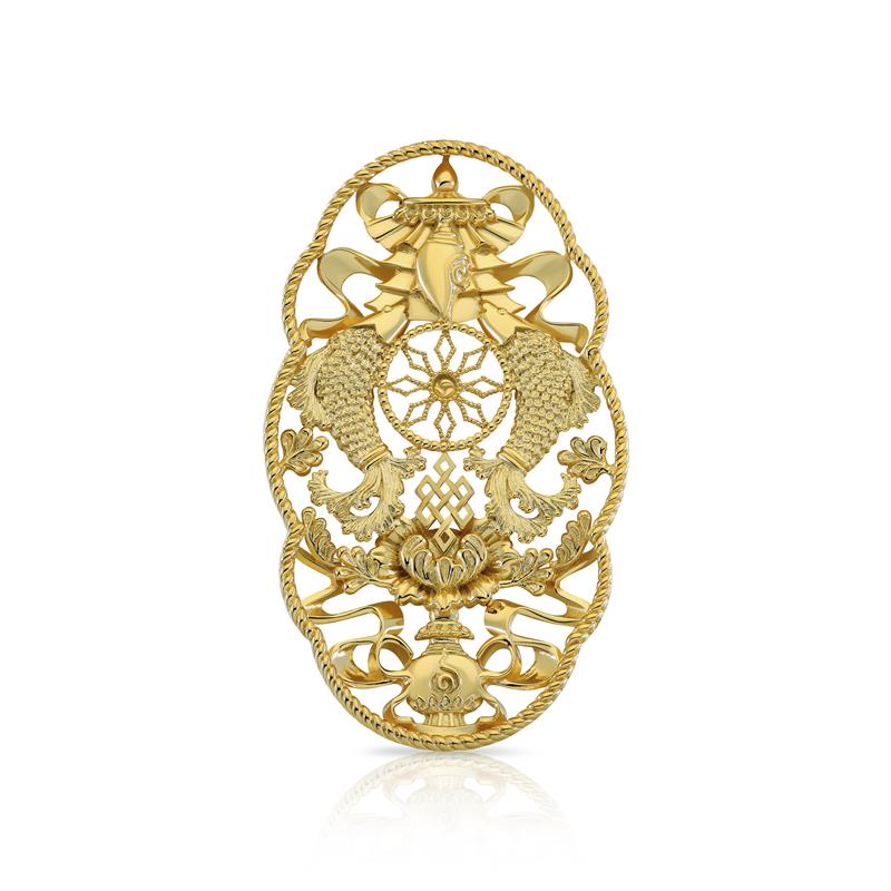 Eight Auspicious Symbols Brooch, Elongated, Silver Gold Plated 17.7g