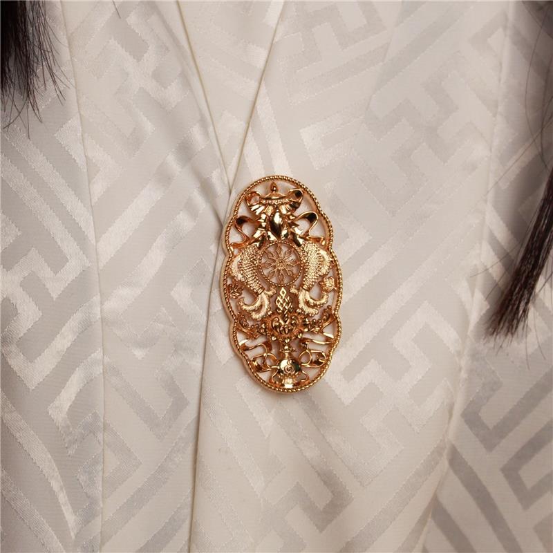 Eight Auspicious Symbols Brooch, Elongated, Silver Gold Plated 17.7g
