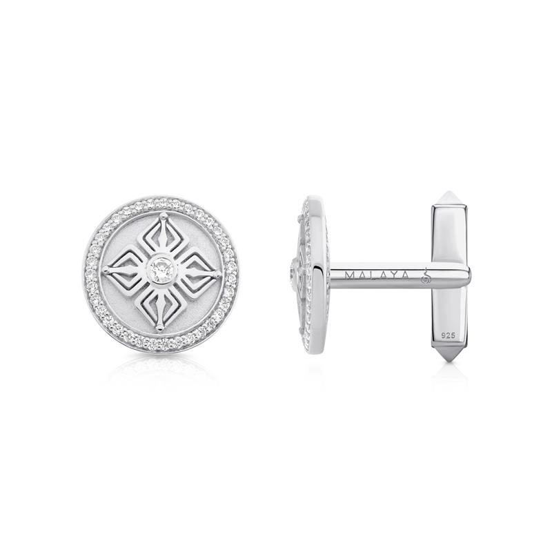 Double Vajra Full Diamond Cufflinks Silver, CZ 14g