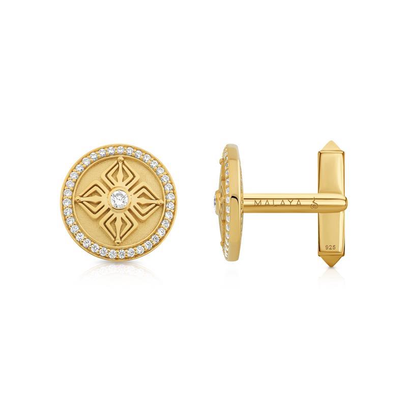 Double Vajra Full Diamond Cufflinks Gold Plated, CZ 14.46g