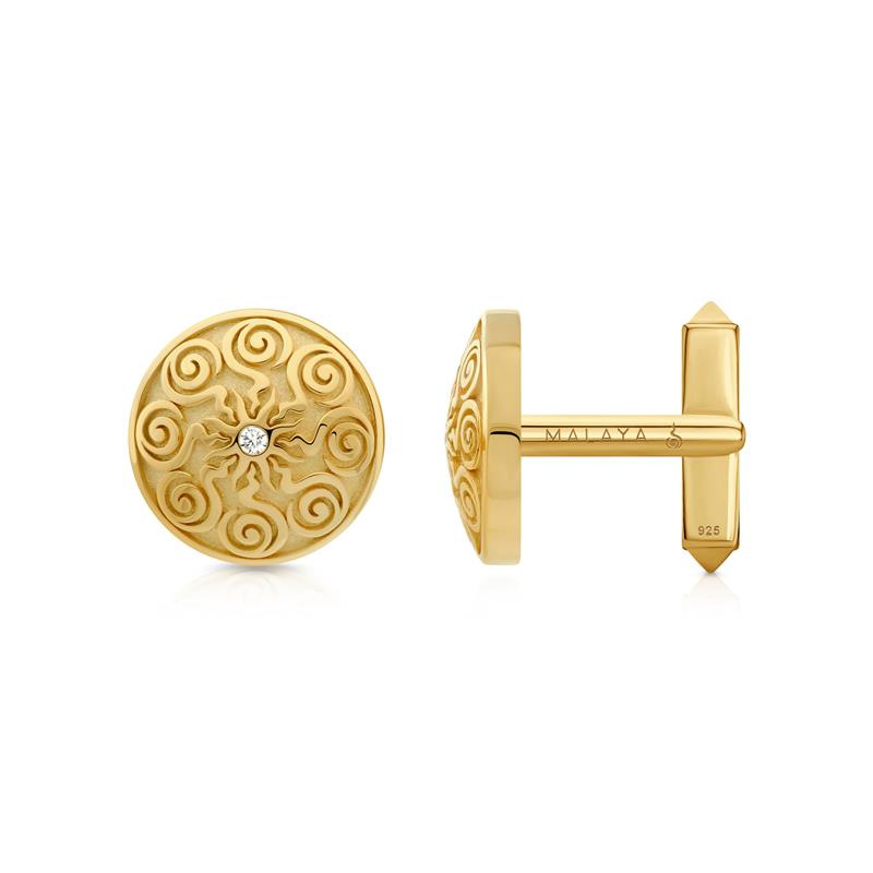 Malaya Emblem Cufflinks, Yellow Gold Plated, CZ Diamonds