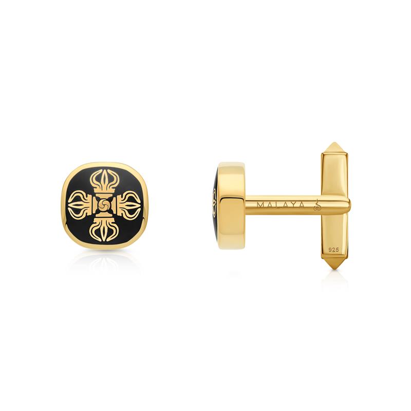 Double Dorje Cufflink, Enamel, Yellow Gold Plated 10.36g