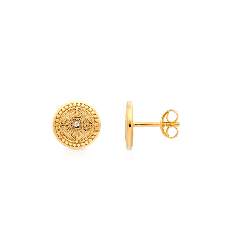 Double Dorje Stud Earrings, Single Diamond, .01cts 14k Yellow Gold 2.36g