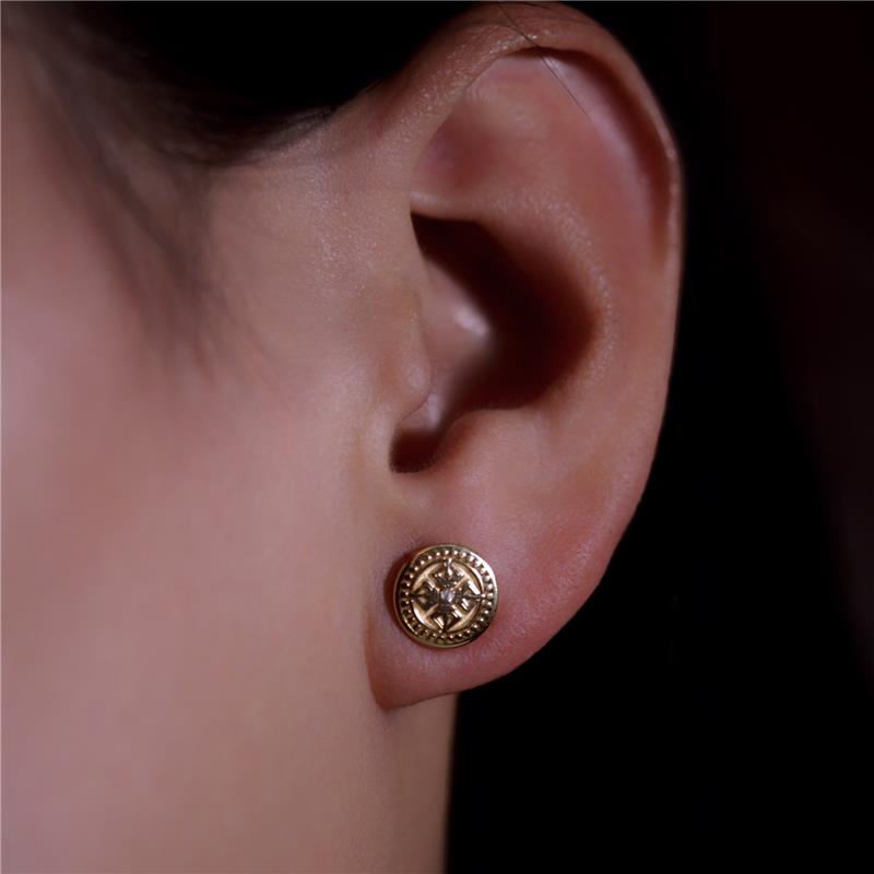 Double Dorje Stud Earrings, Single Diamond, .01cts 14k Yellow Gold 2.36g