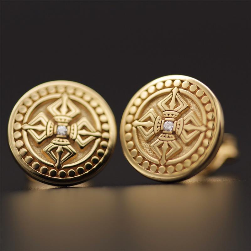 Double Dorje Stud Earrings, Single Diamond, .01cts 14k Yellow Gold 2.36g — view 5