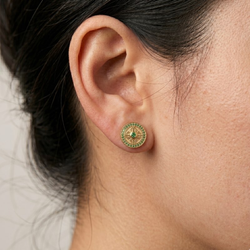 Double Dorje Stud Earrings, Emerald