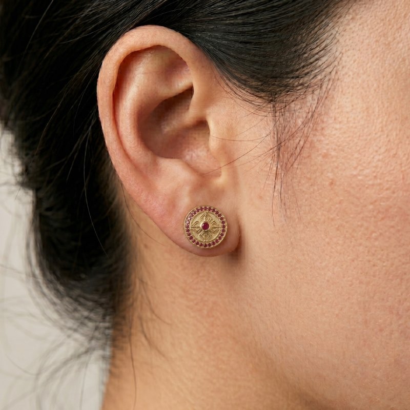 Double Dorje Stud Earrings, 14k Yellow Gold, 29 red rubies .2cts