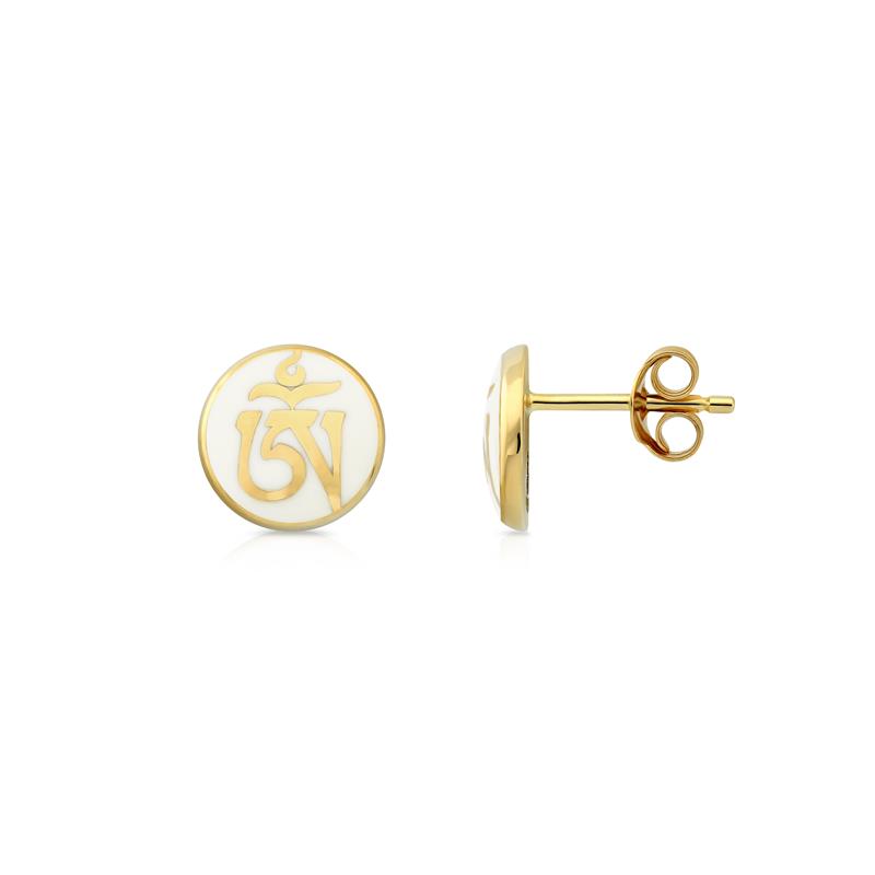 White Enamel OM syllable stud earrings 14K yellow gold, 1.95g