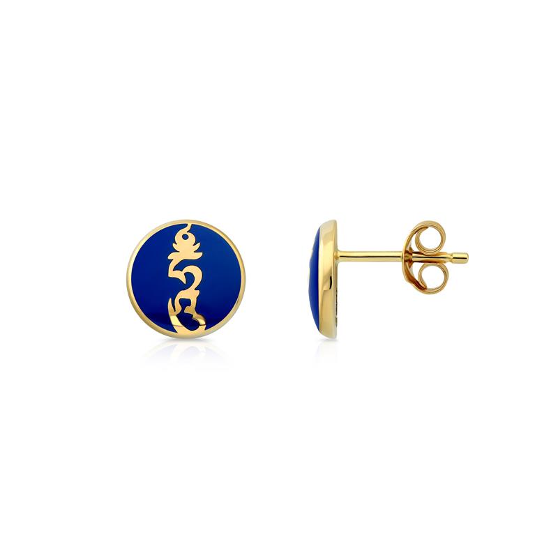 Blue Enamel HUNG syllable stud earrings 14K yellow gold, 1.88g