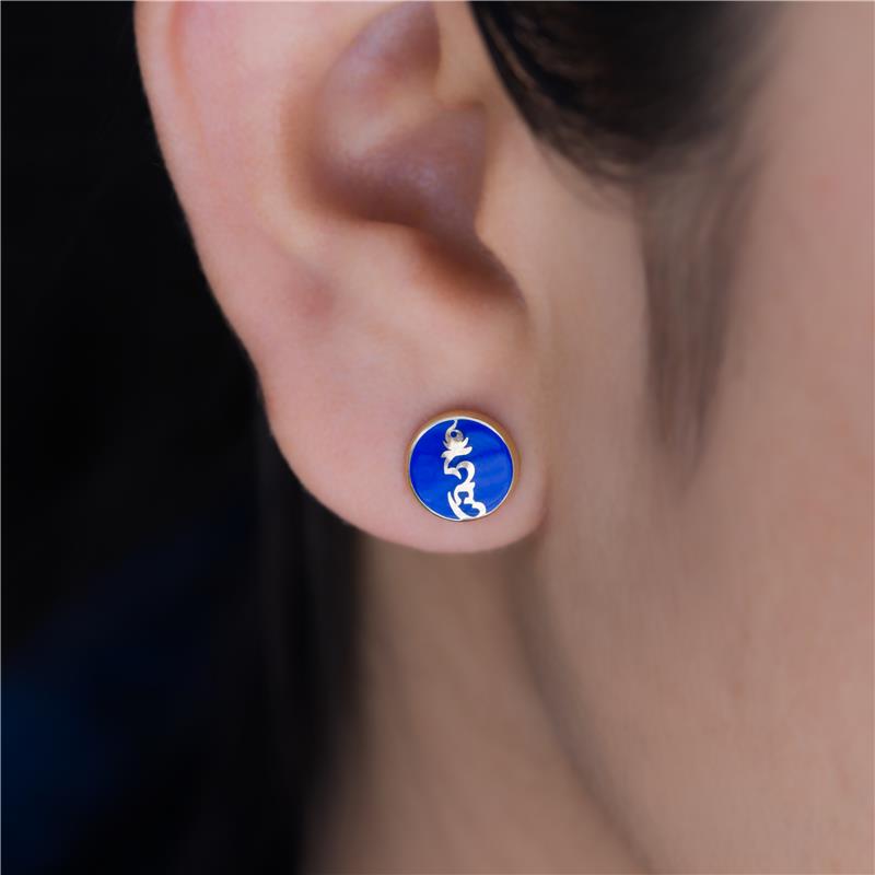 Blue Enamel HUNG syllable stud earrings 14K yellow gold, 1.88g