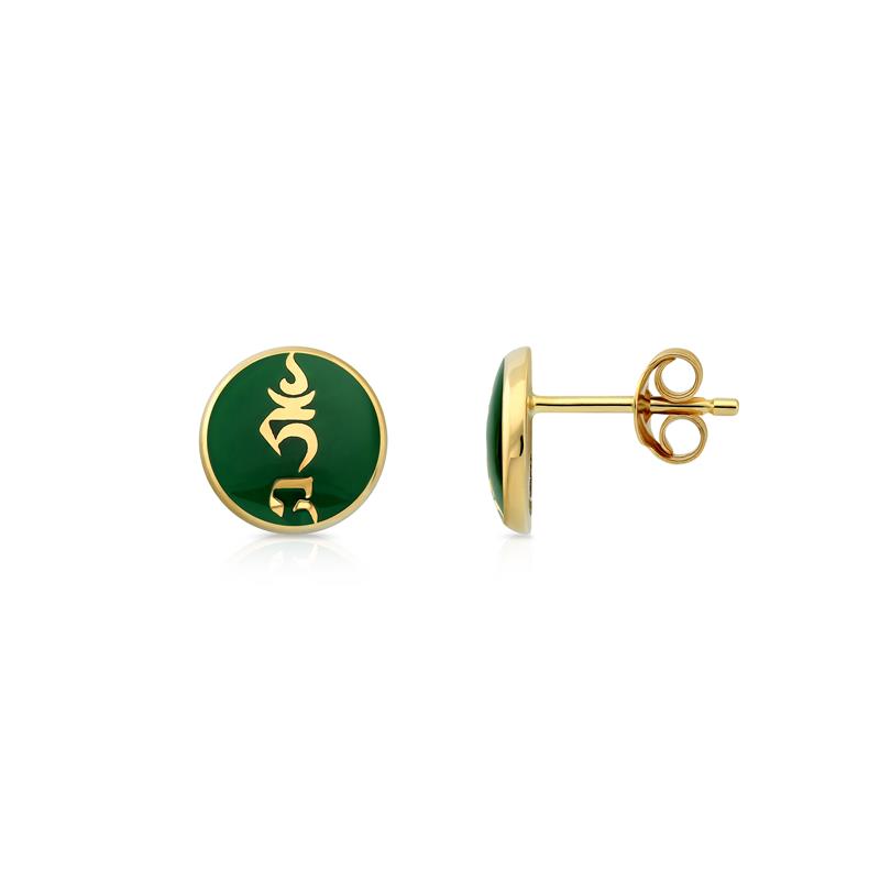 Green Enamel TAM syllable stud earrings 14K yellow gold, 1.83g