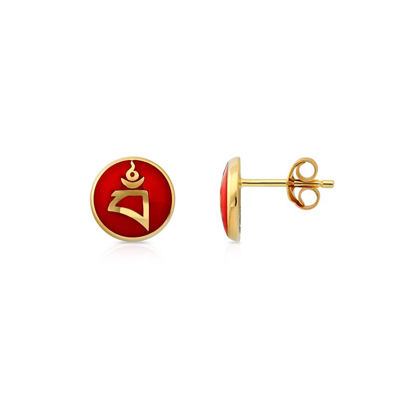 Red Enamel BAM syllable stud earrings 14K yellow gold, 1.93g