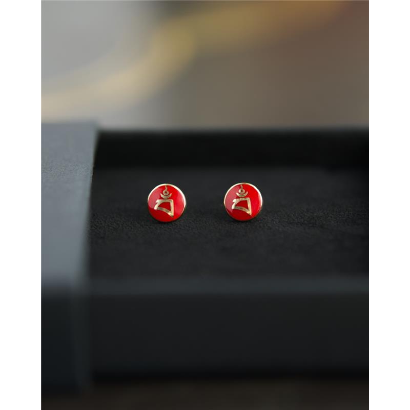 Red Enamel BAM syllable stud earrings 14K yellow gold, 1.93g — view 3