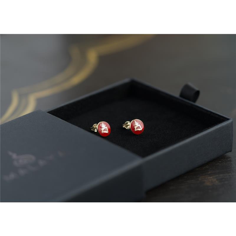 Red Enamel BAM syllable stud earrings 14K yellow gold, 1.93g — view 5