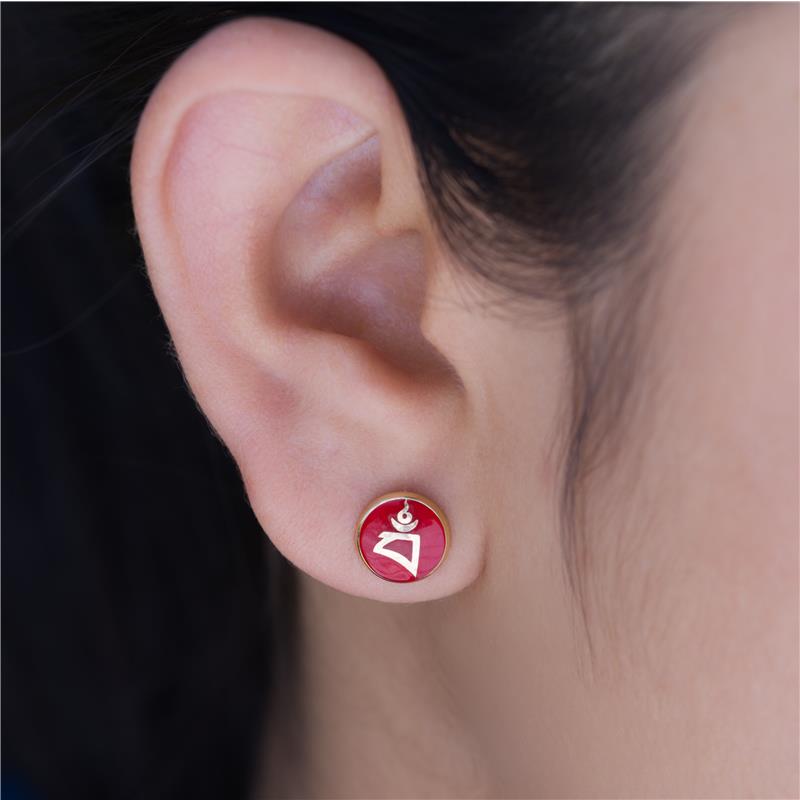 Red Enamel BAM syllable stud earrings 14K yellow gold, 1.93g