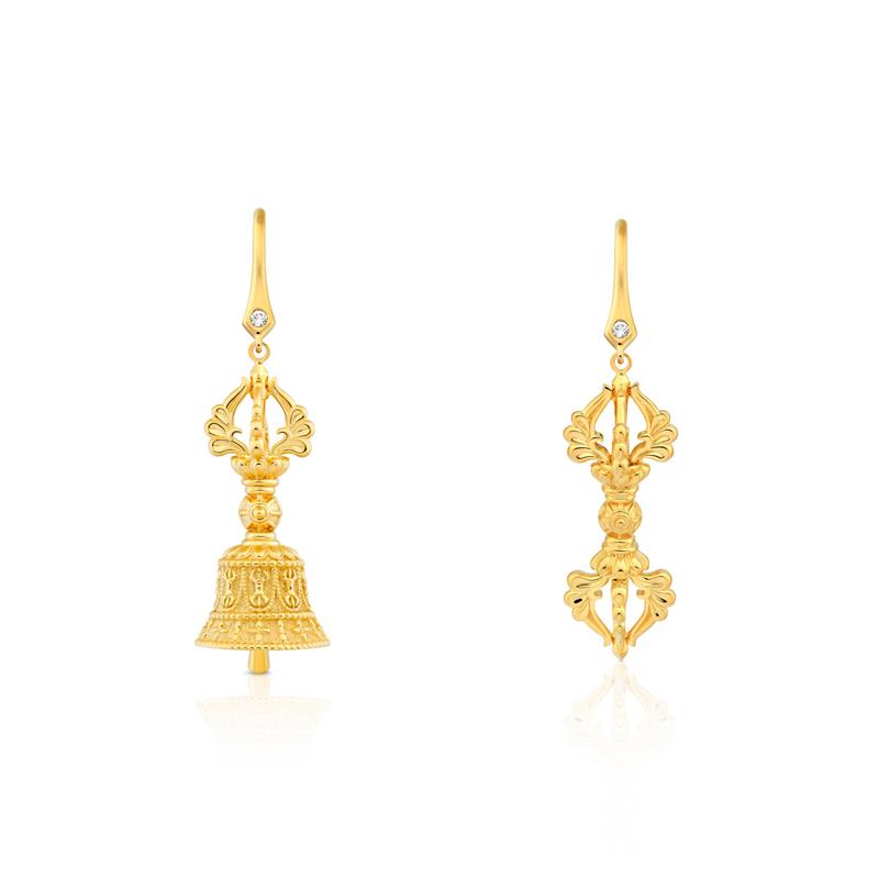 Vajra and Bell Earrings, 3 diamonds, .039cts 18 Yellow Gold 7.25g