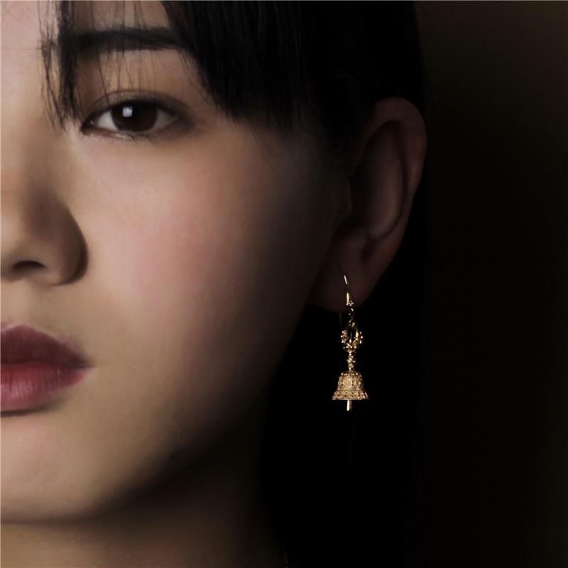 Vajra and Bell Earrings, 3 diamonds, .039cts 18 Yellow Gold 7.25g