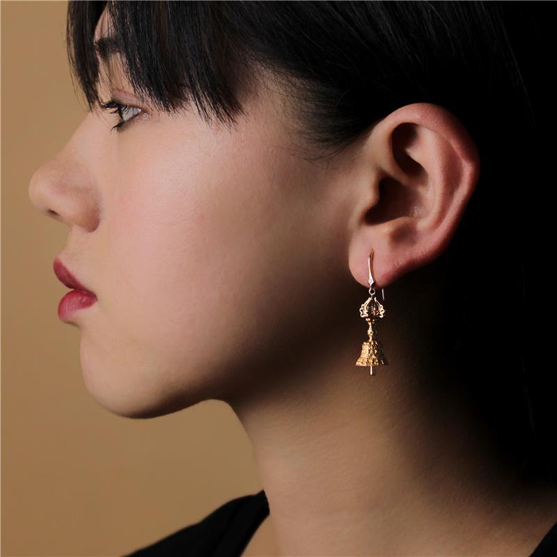 Vajra and Bell Earrings, 3 diamonds, .039cts 18 Yellow Gold 7.25g — view 4