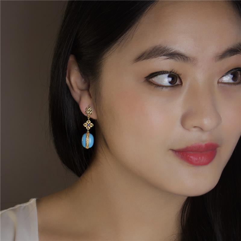 14K Blue Sapphire & Turquoise, Double Dorje, Endless Knot Earrings. Total weight 10.07g, Gold weight 6.44g