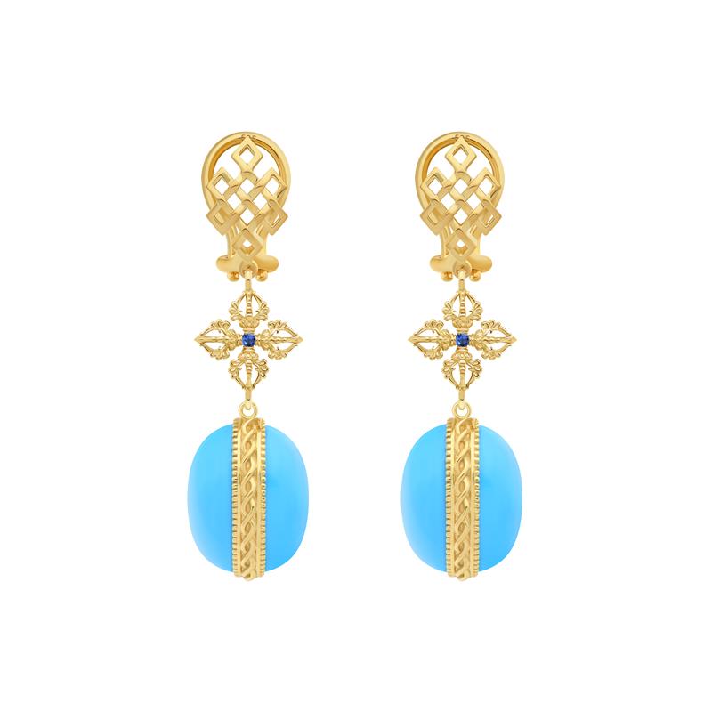 14K Blue Sapphire & Turquoise, Double Dorje, Endless Knot Earrings. Total weight 10.07g, Gold weight 6.44g
