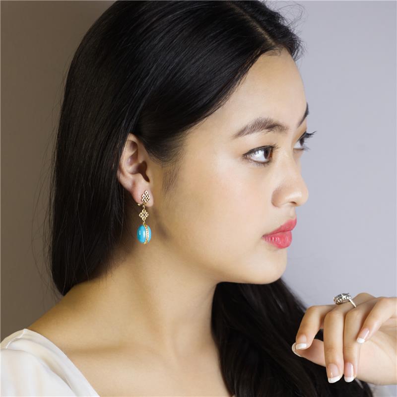 14K Blue Sapphire & Turquoise, Double Dorje, Endless Knot Earrings. Total weight 10.07g, Gold weight 6.44g — view 5