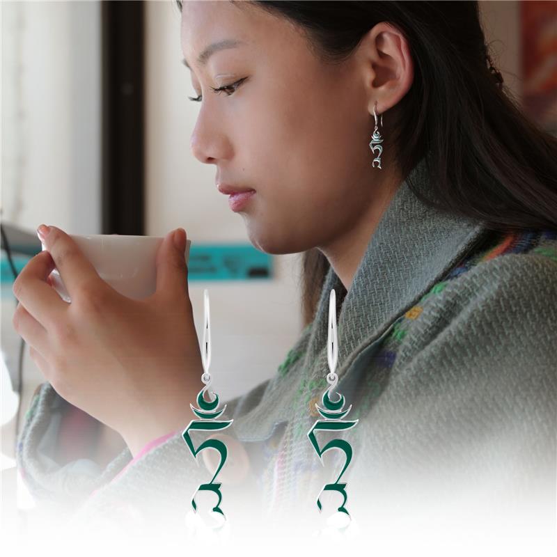 Tam Syllable Earrings, Silver, Green Enamel — view 3