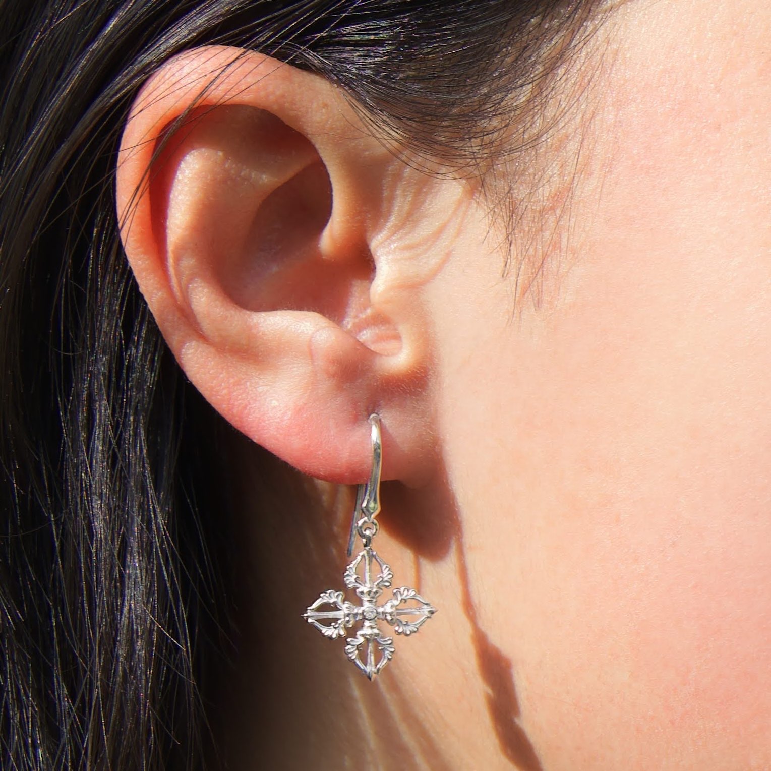 Double Dorje Earrings, Silver, CZ, 3.13g