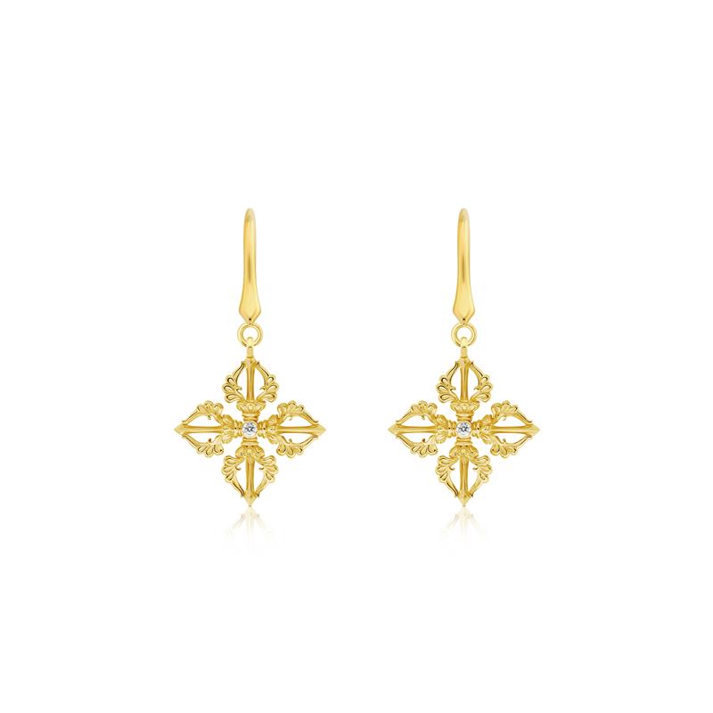 Double Dorje Earrings, Yellow Gold Plated CZ, 3.03g