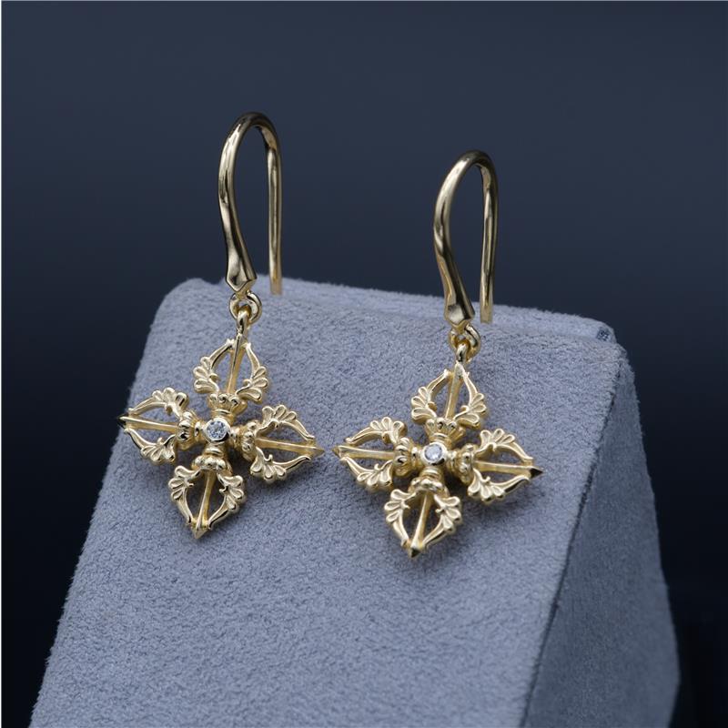 Double Dorje Earrings, Yellow Gold Plated CZ, 3.03g — view 4