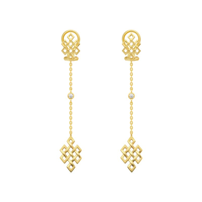 Long Hanging Endless Knot Earrings, Yellow Gold Plated, CZ