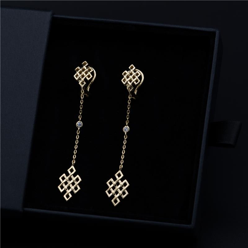 Long Hanging Endless Knot Earrings, Yellow Gold Plated, CZ