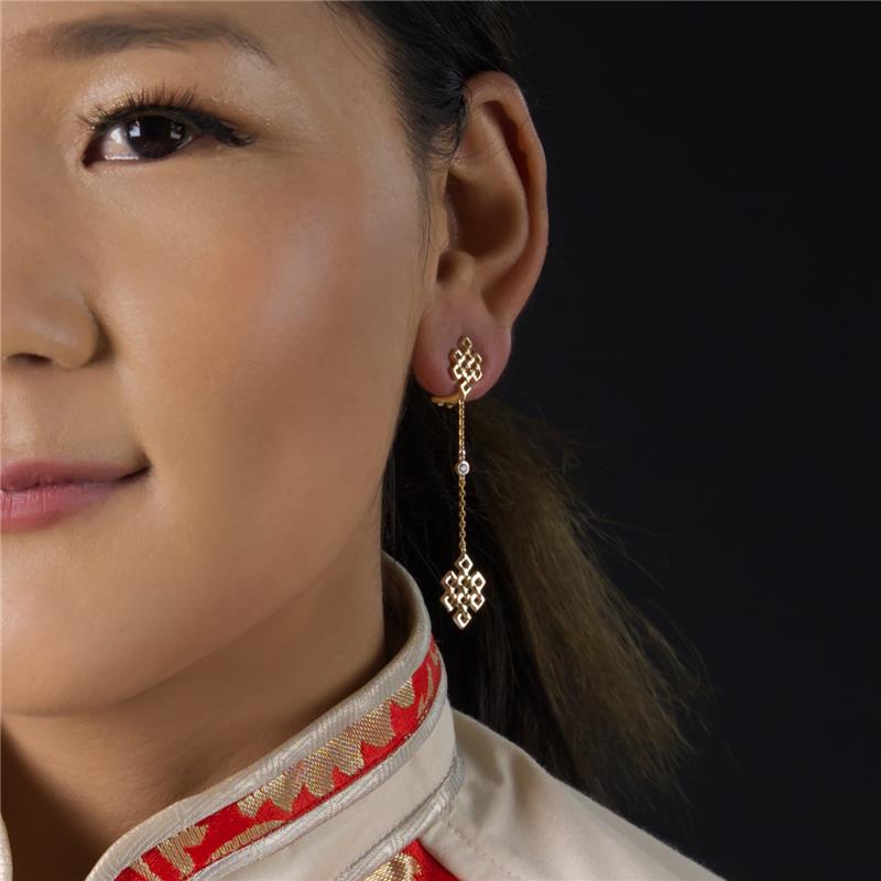 Long Hanging Endless Knot Earrings, Yellow Gold Plated, CZ — view 4