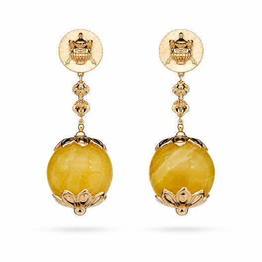 Amber bead Earrings, lotus Cap, Bumpa (vase) clasp, vajra Yellow Gold 14k