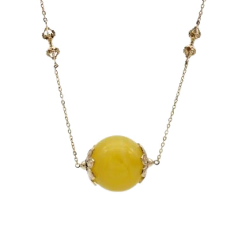 14K Gold Amber Necklace, With Vajras, 55cm Chain 13.4g/ 12.6g