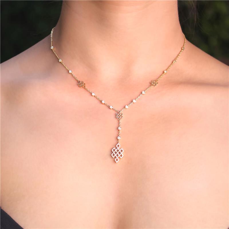 Hanging Endless Knot Necklace, 14K Yellow Gold 6.48g, Diamonds, .653cts
