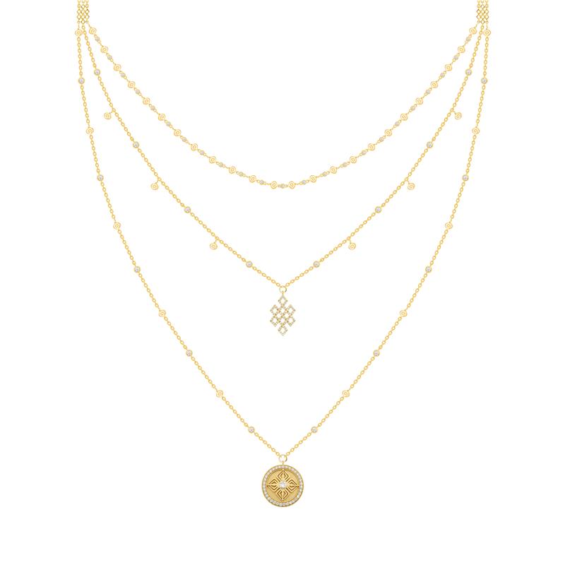 Double Vajra, Endless Knot and Malaya Logo chain layered necklace