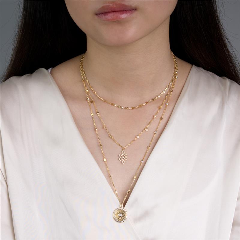 Double Vajra, Endless Knot and Malaya Logo chain layered necklace
