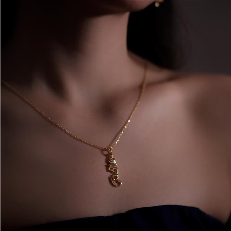 New HUNG syllable pendant, solid 14k yellow gold, size 35mm, With 45cm Chain, 4.44g