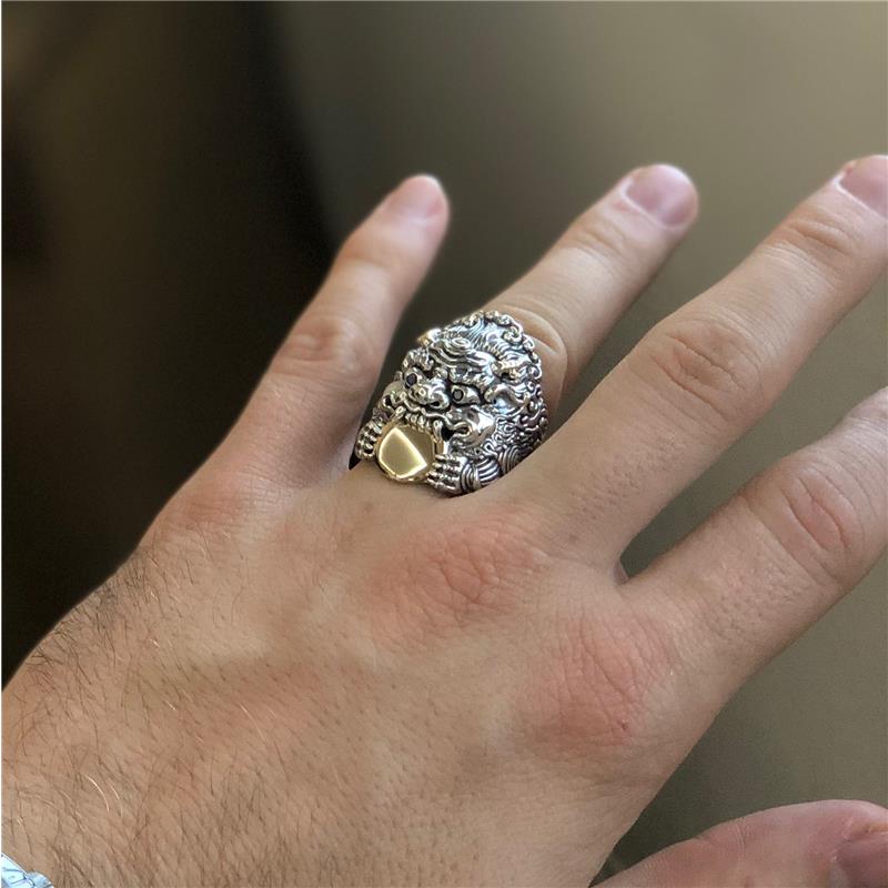 Rahu Ring Silver+ 14K Yellow Gold Ring (2.8g) with white topaz + Black Diamonds
